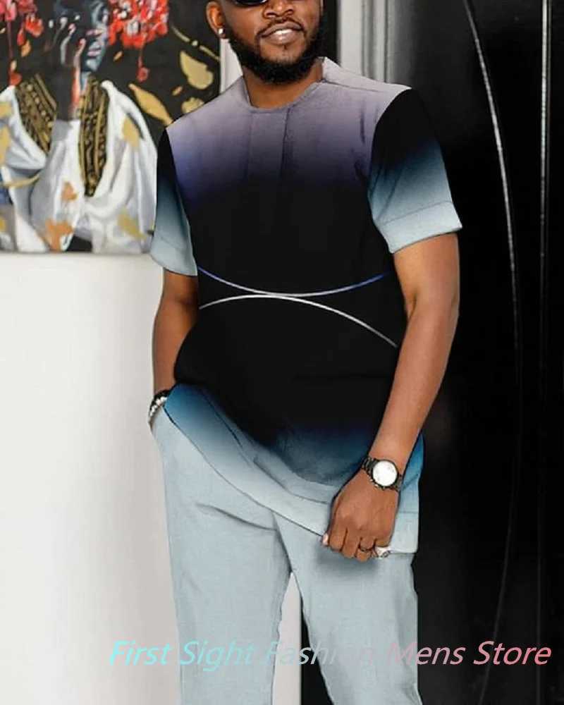 African mens summer Egyptian clothing oversized T-shirt mens 2-piece short sLeeved casual setXJ250412