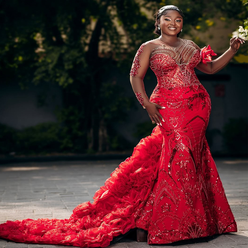2025 Plus Size Red Prom Dress Mermaid Prom Dresses Evening Formal Gowns For Special Occasions Sheer Neck Crystals Beaded Lace Birthday Second Receptio