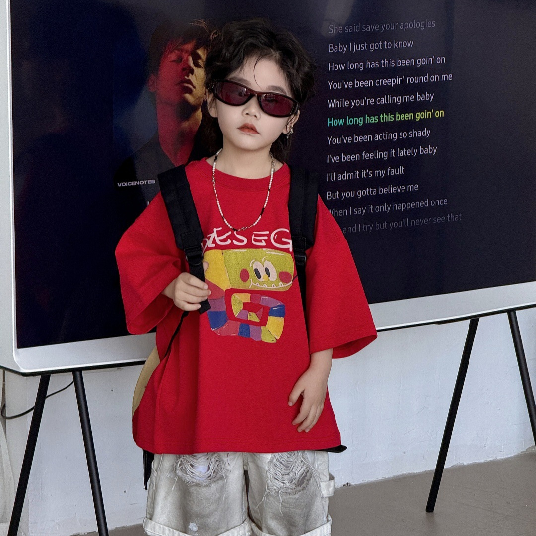 Ddmyshoesvip Summer New Children S Short Sleeved Top For And Girls Red Western Style Loose Pure Cotton Round Neck Boys