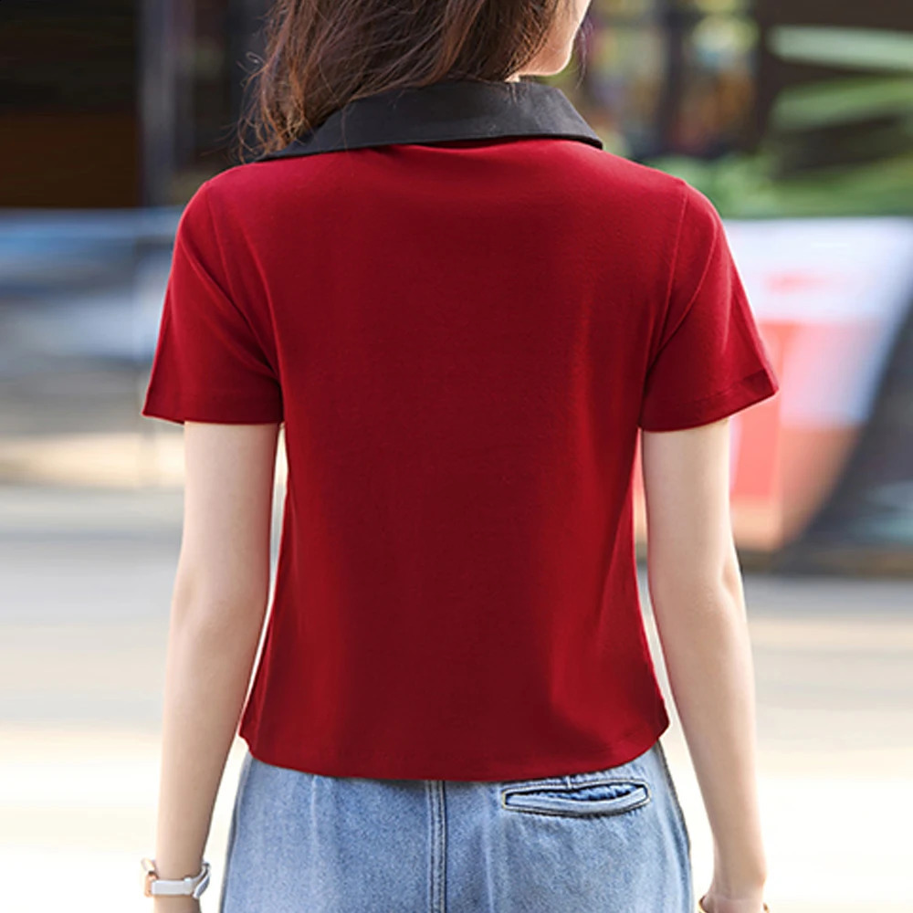 Short sleeved T-shirt womens summer fashionable zipper cardigan high-end Polo collar double zipper slim fit short top 250411