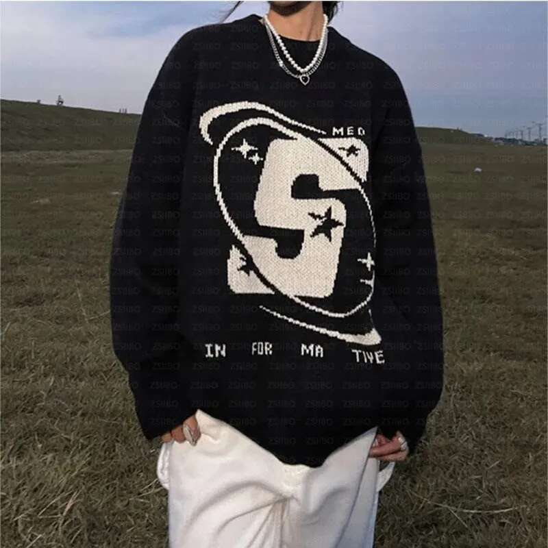 Capital Letter Print Solid Color Retro Men's And Women's Autumn Winter Sweaters Haruku Crew Neck Oversized Baggy Knitted Top