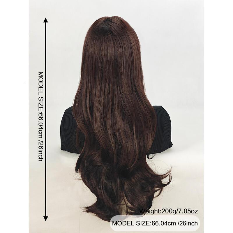 Medium-length wavy straight hair fully hine-made 26 inches Heat-resistant fiber high-temperature silk wig dyeable and soupable bangs synthetic wig. en