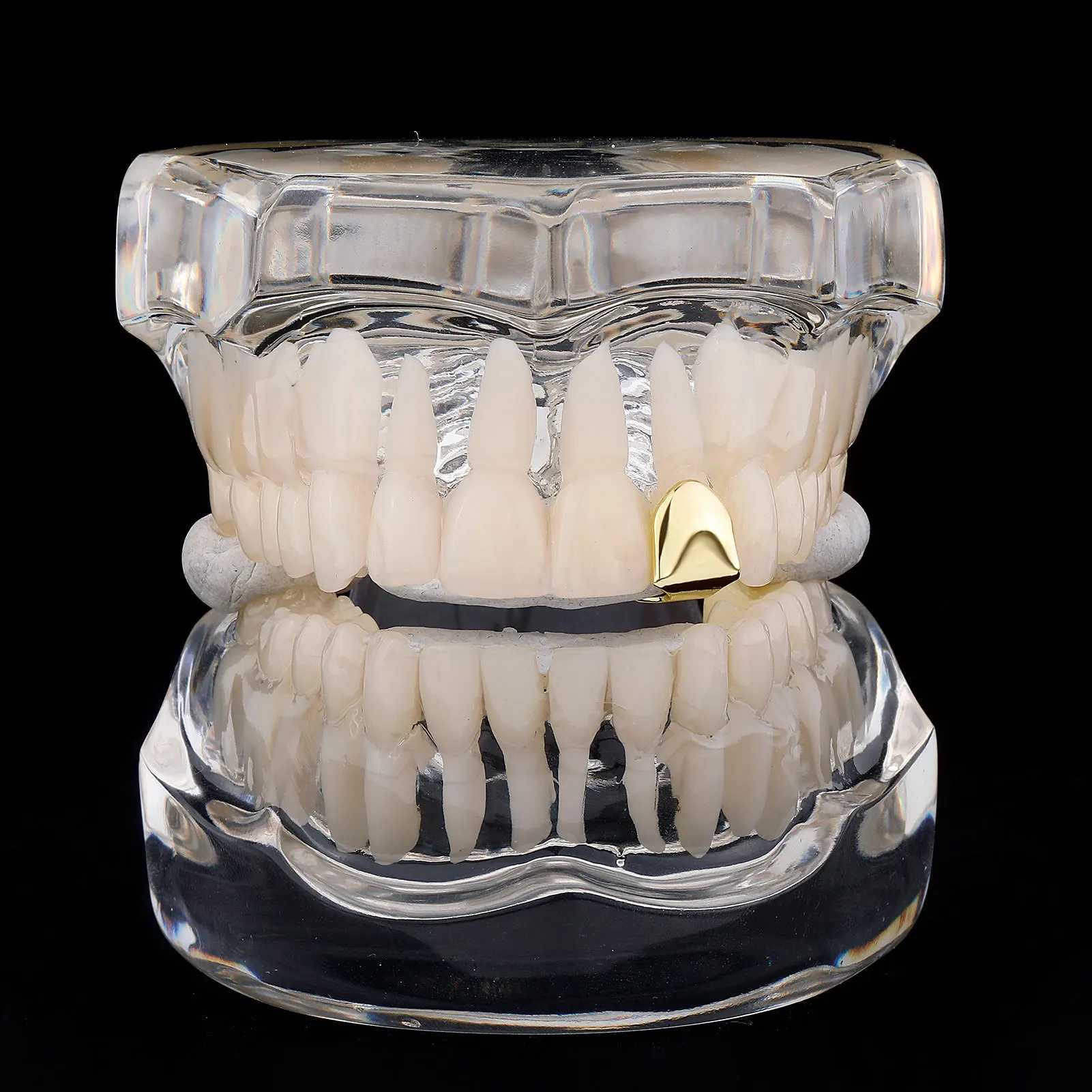 Rachelz Classic Single Gloss Teeth Grilz Gold and Silver Rose Colored Tooth Hat Womens Jewelry Halloween Role Playing Gift W250412