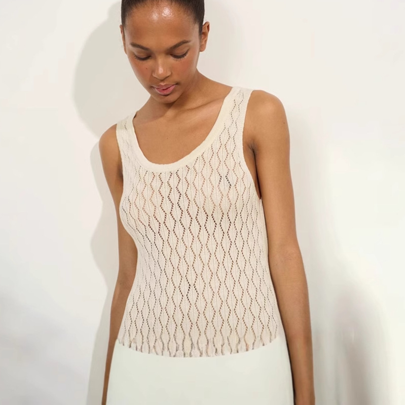 L49Sexy Knitted Hollow Long Skirt with Solid Colors & Slim Suspender Style for Summer 2025
