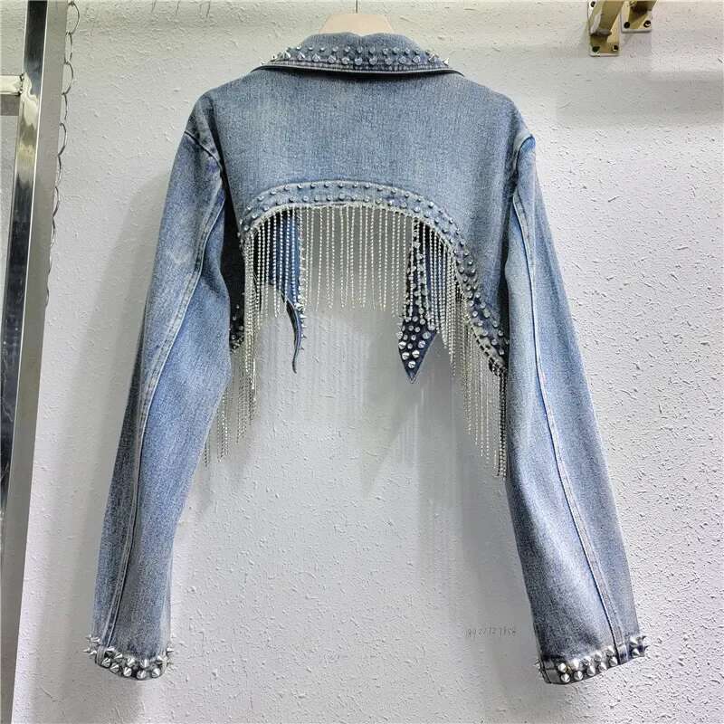 Rhie Beaded Tassels Rivets Denim Jacket Short Crystal Fringed Backless Jeans Coat Dias Cowboy Cardigan Sequins Tops