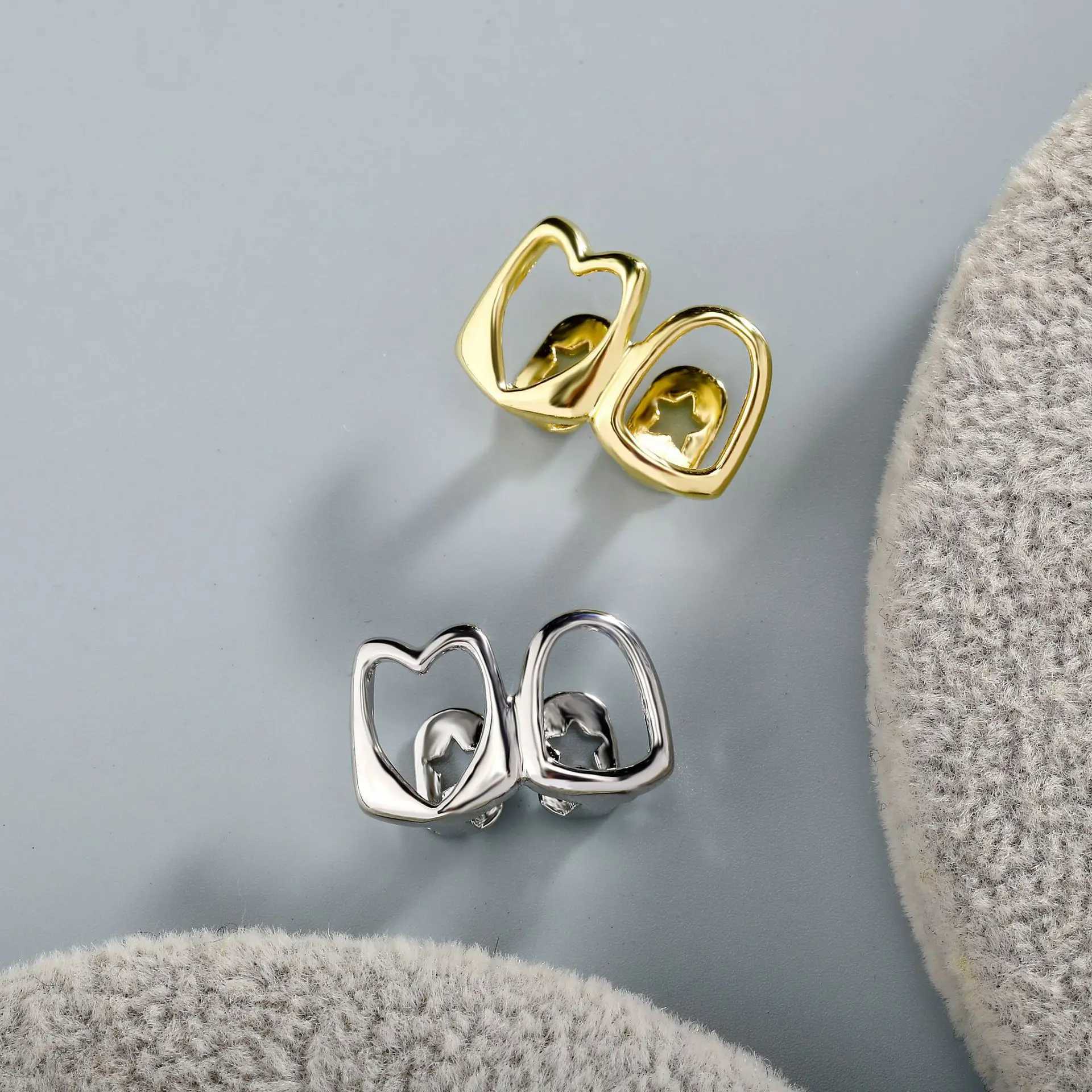 Hip Hop Double Hollow Heart Teeth Grillz 14K Gold Plated Dental Cap per Day W250412