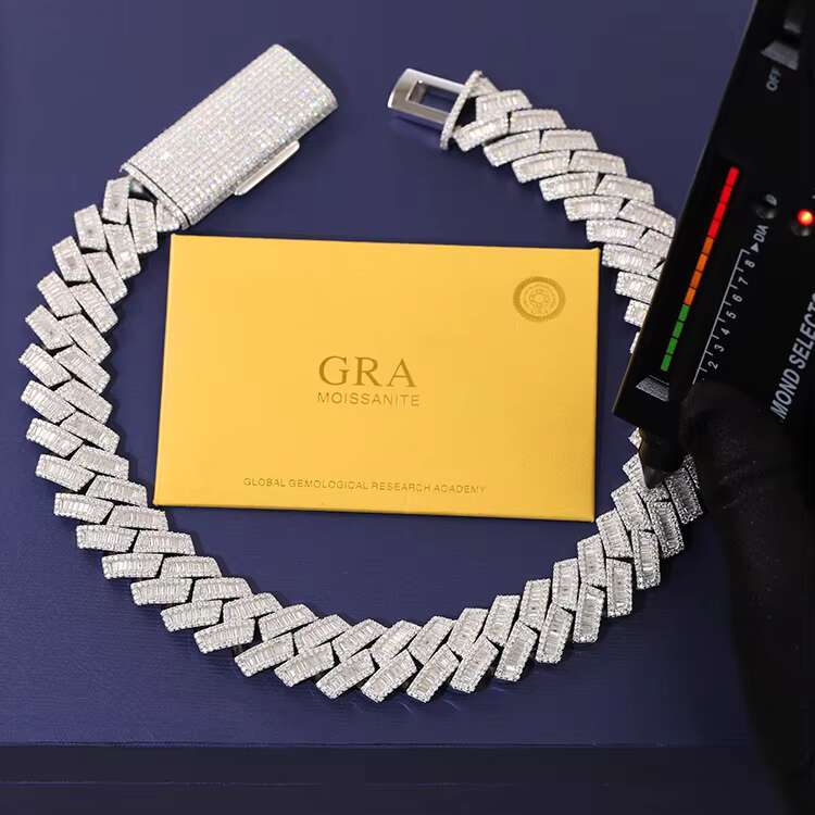 Baguette Diamond 20mm 18k Gold Plated Silver Cuban Chain Necklace Vvs Moissanite baguette Cuban Link Chain