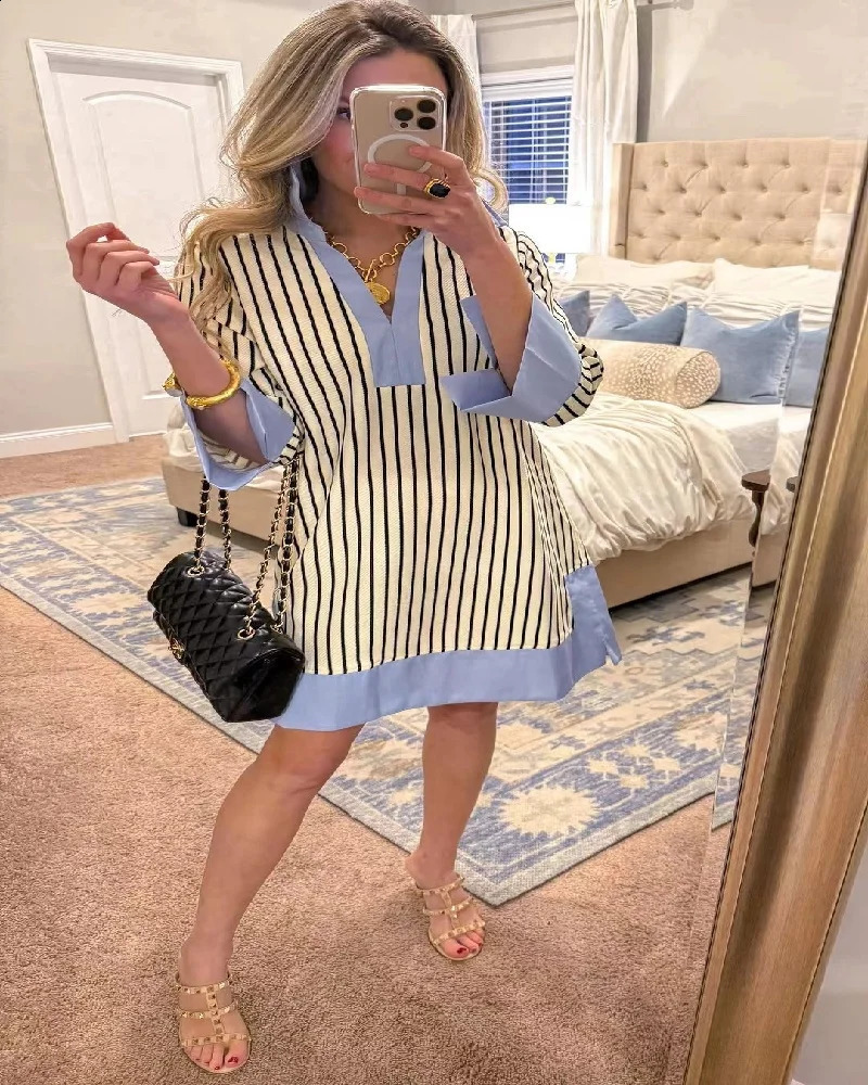selling item for plus size womens fashion blue collar striped dress clothing 250411