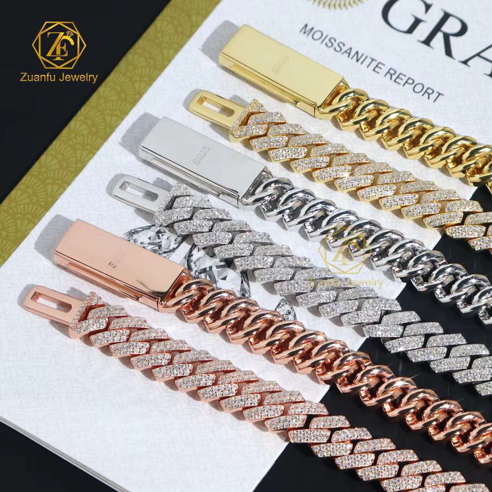Classic Moissanite Cuban Chain Necklace Hip Hop Jewelry 925 Sterling Silver 10MM 13MM 15MM VVS Moissanite Cuban Link Chain