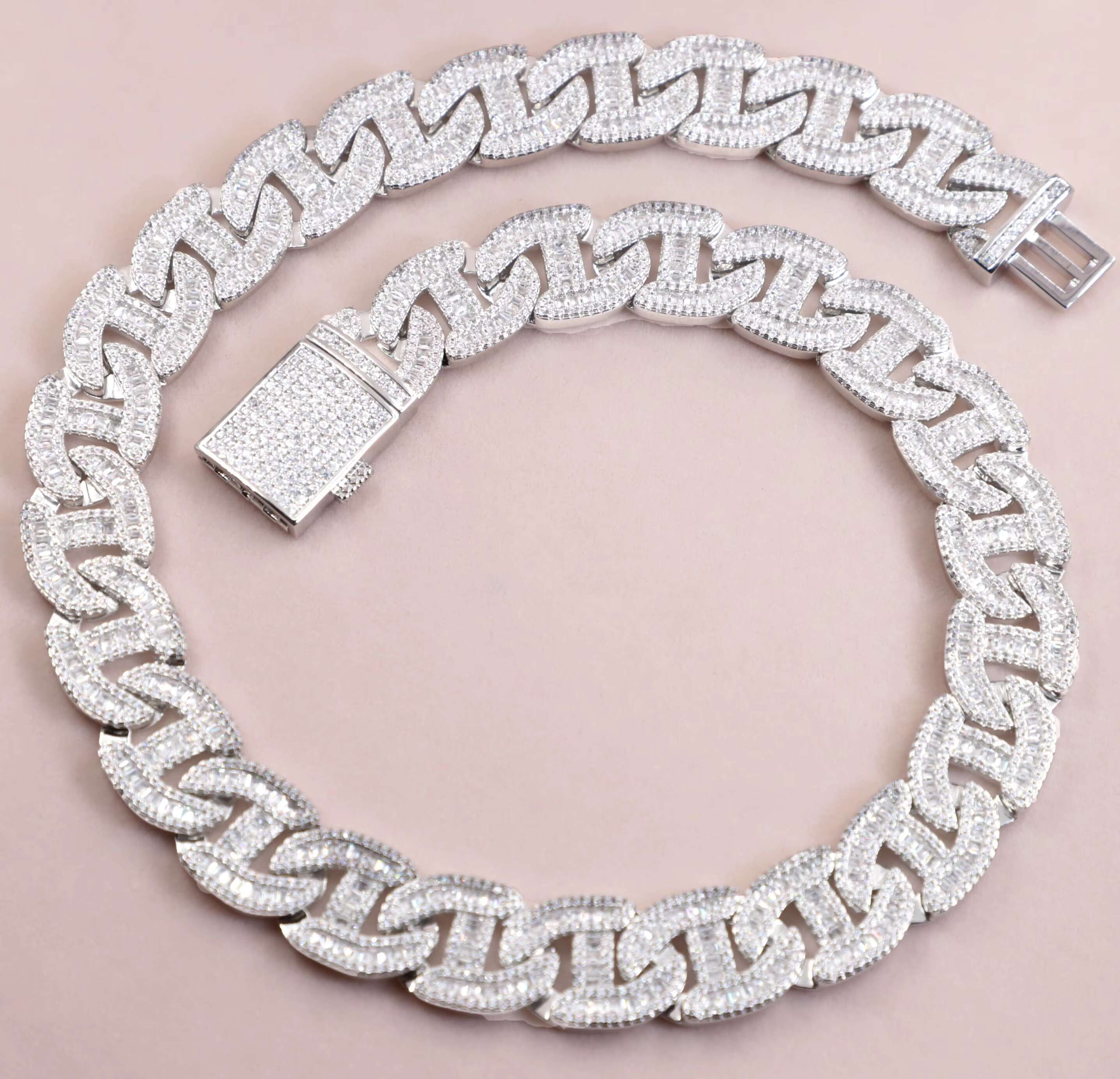 Hip-hop Trendy 16MM Wide S925 Silver Baguette Moissanite Diamond Cuban Link Chain Necklace