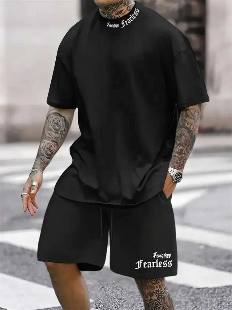 2024 new summer solid color letter printing set casual sportswear mens short sleeved T-shirt street hip-hop two-piece setXJ250412