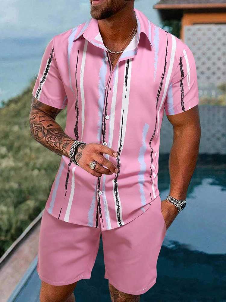 Summer mens short sleeved and beach shorts set daily city street mens casual shirt outdoor sports mens shortsXJ250412