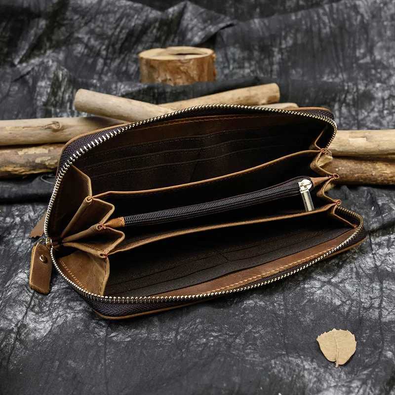 Mens Crazy Horse Leather Long Wallet Zipper Wrap Leather Wallet Phone Case with Coin Pocket and 4-Layer Pocket Z250411