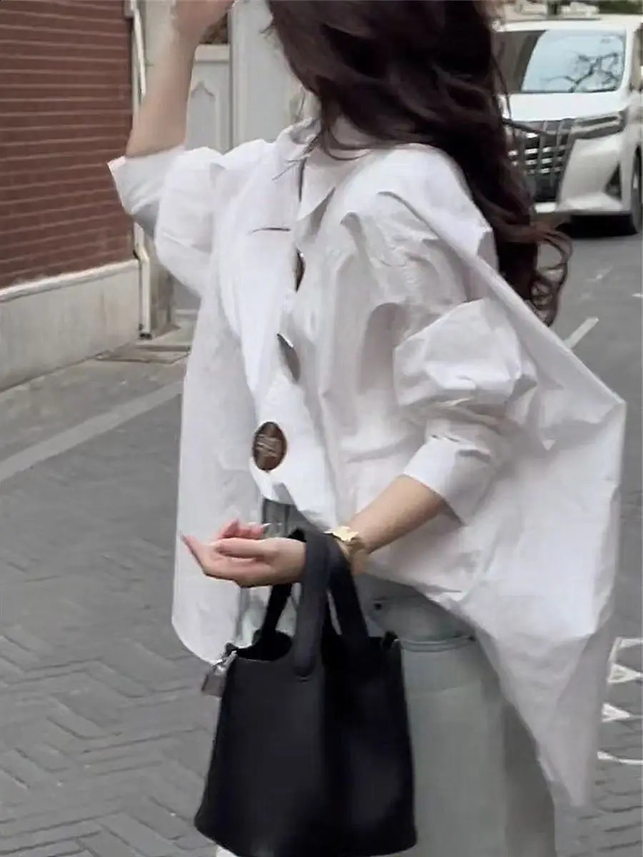 In Autumn Loose Casual Cotton Buttons Up Shirts For Women Lantern Sleeve Top Korean Oversized Shirt Blouse 250411