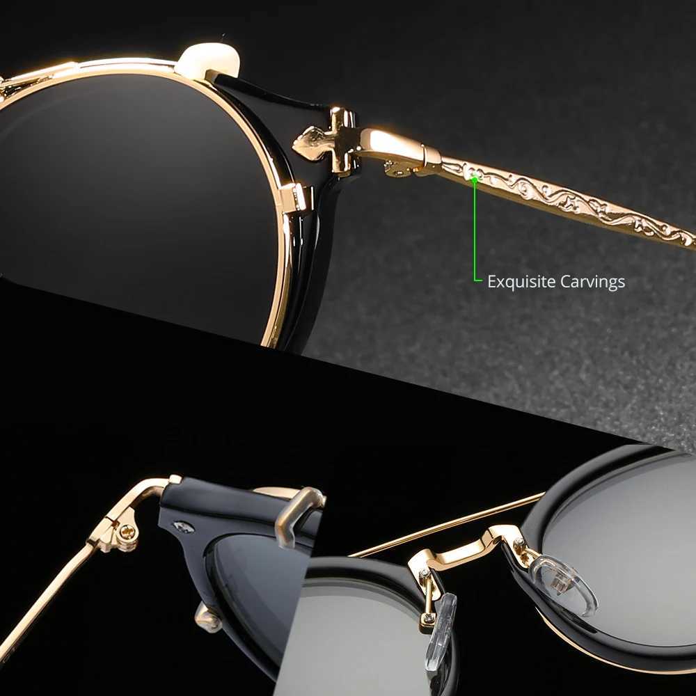 KDEAM Flip Sunglasses Vintage Women Clip On Lens Round Sunglass Female Exquisite Carved Glasses Temple With Zipper Case Z250411