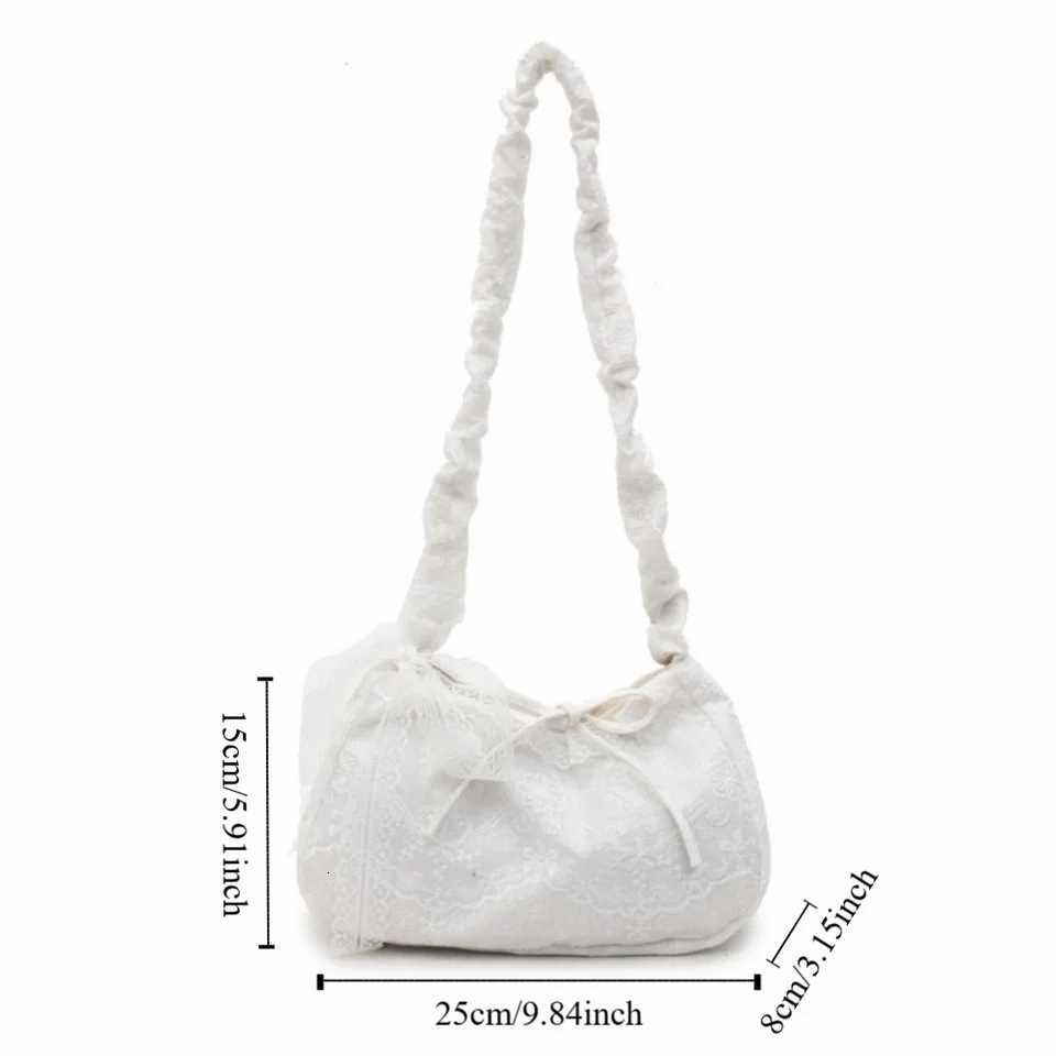 Big Pouch Tote Bag Lace Shoulder Bag With Ribbon Pleated Strap Simple Canvas Handbag Kawaii Simple Large Capacity Bag TravelT2511112