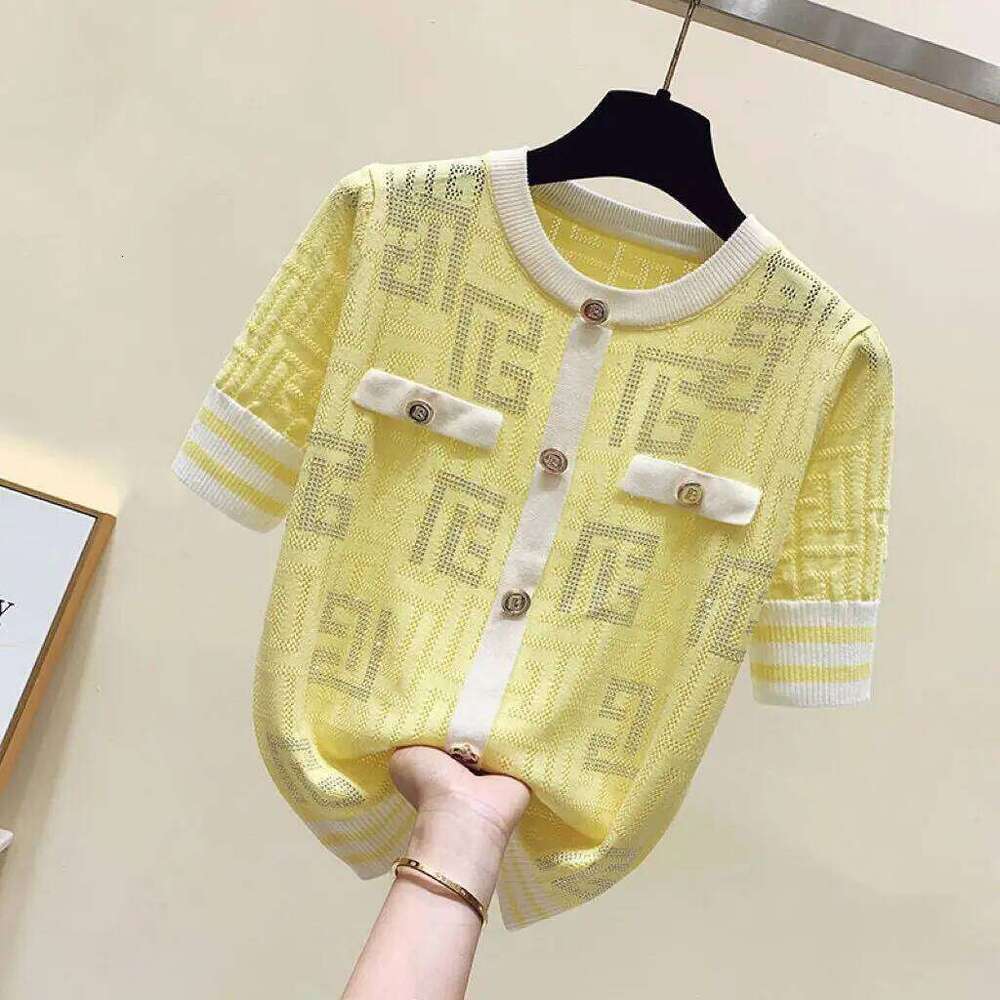 Ladies Fashion Diamonds Patchwork Short Sleeve Knitting T-Shirts Summer Temperament Geometric Thin O-Neck Pullover Top Tee Women