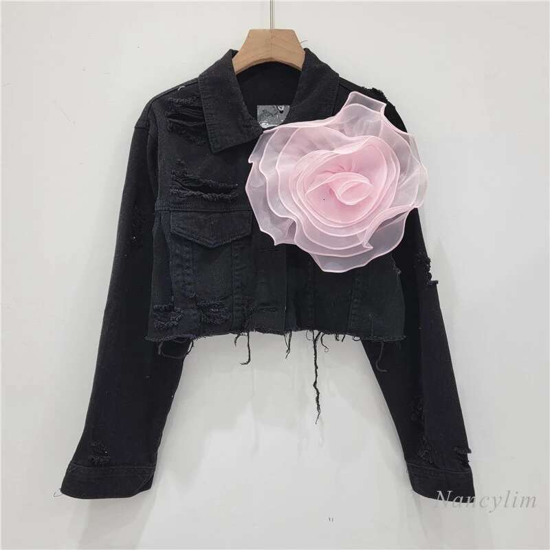 Three-Dimensional Wer Fashion Tie-Dyed Pink Ripped Cool Short Denim Coat Female Fashionable Street Jean Jacket Holes Coats