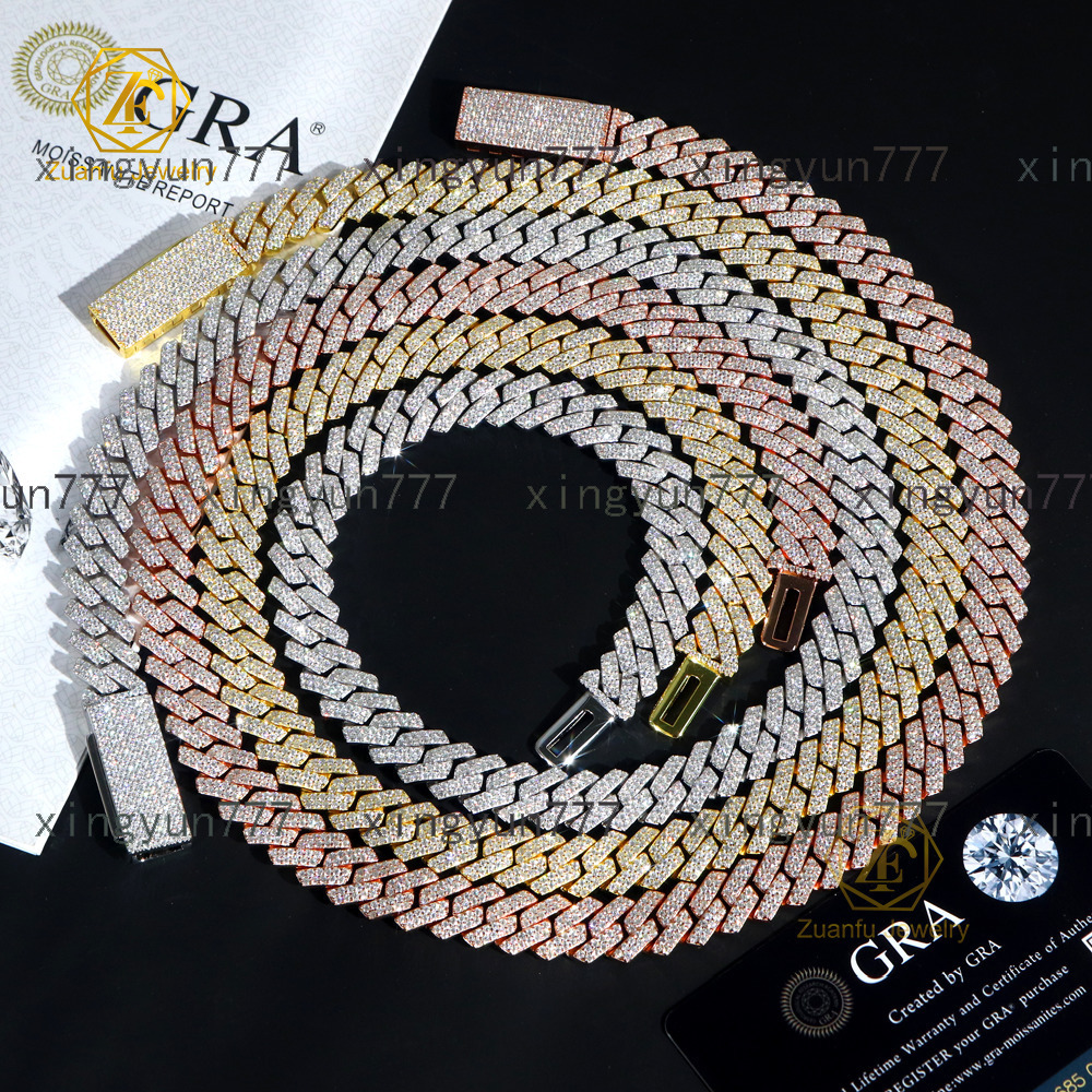 Fine Jewelry S925 Sterling Cuban Link Moissanite Necklace 2Row 12mm VVS Moissanite Diamond Cuban Chain