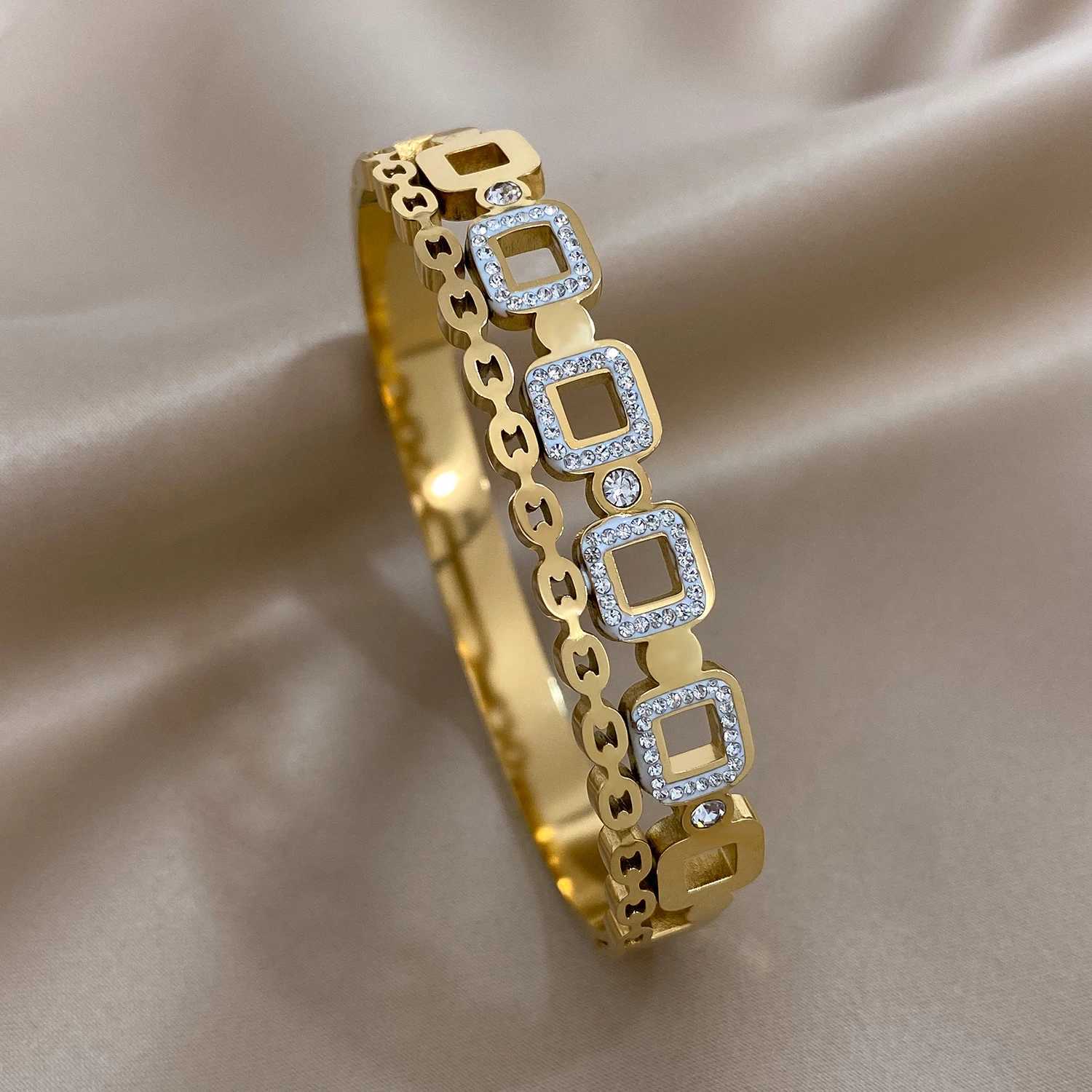 Flashbuy New Design Cubic Zircon Stainless Steel Bangles Bracelets for Women Geometric Gold Color Waterproof Fashion JewelryC250411