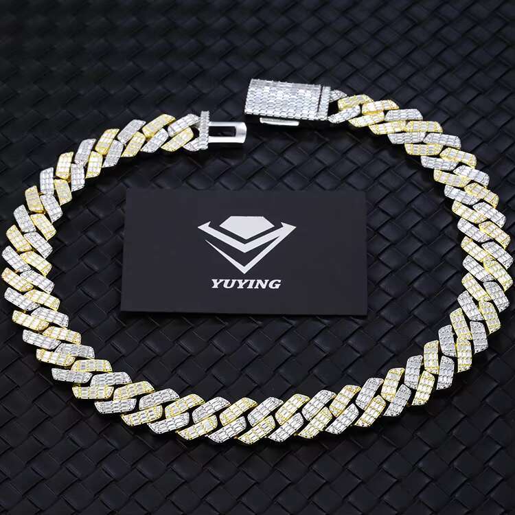 Customized Hip Hop Jewelry 19mm Whitegold Plated Iced Out D VVS Moissanite Cuban Link Chain Necklace baguette Cuban Chain