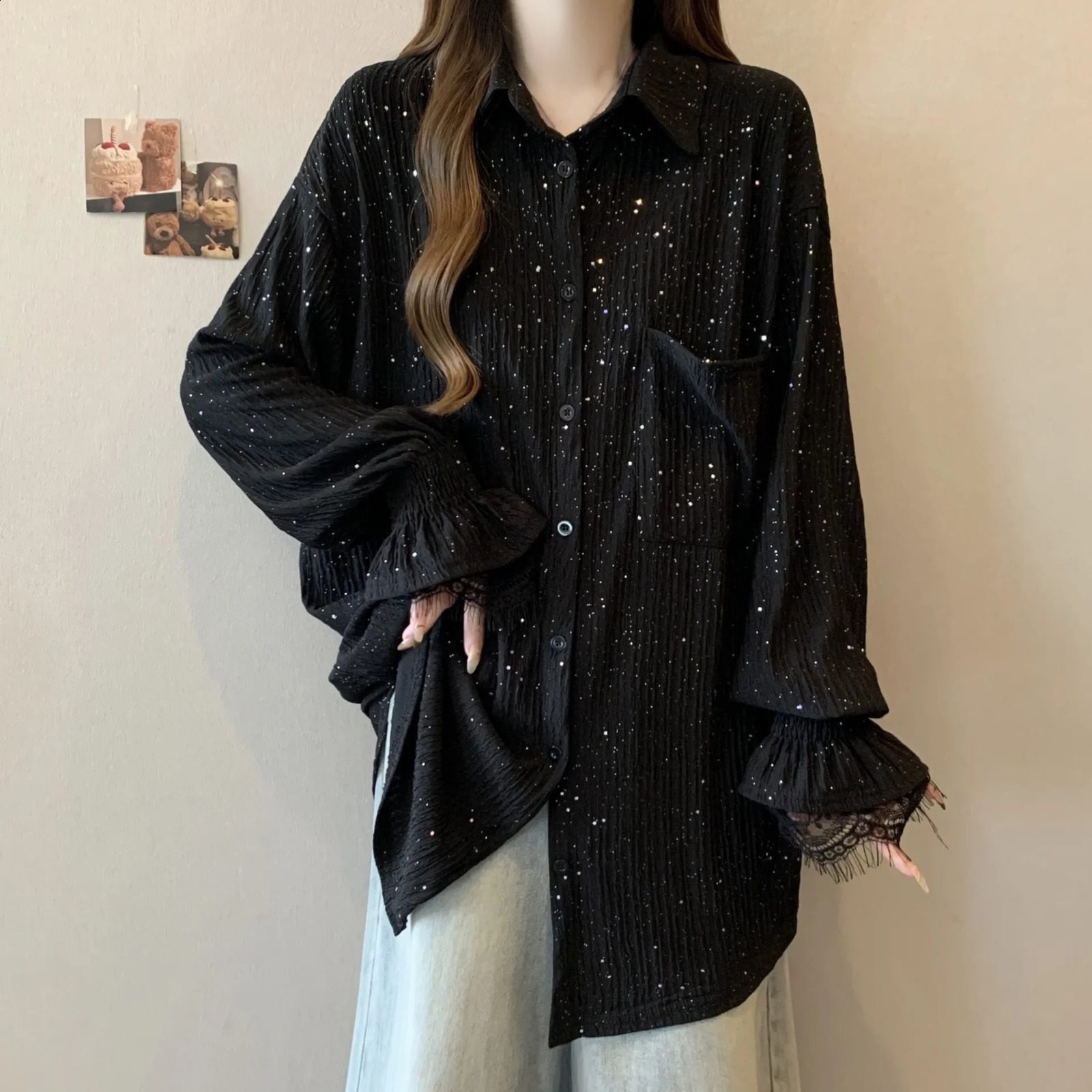 Black Long Sleeve Glitter Top Womens Spring Plus Size Loose Fit Medium Length Top Shiny Fabric Shirt Womens Clothing 250411