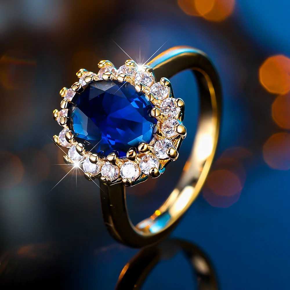 Luxury Womens Crystal Blue Oval Zircon Engagement Ring Vintage Gold Colorful Womens Wedding JewelryXJ250412