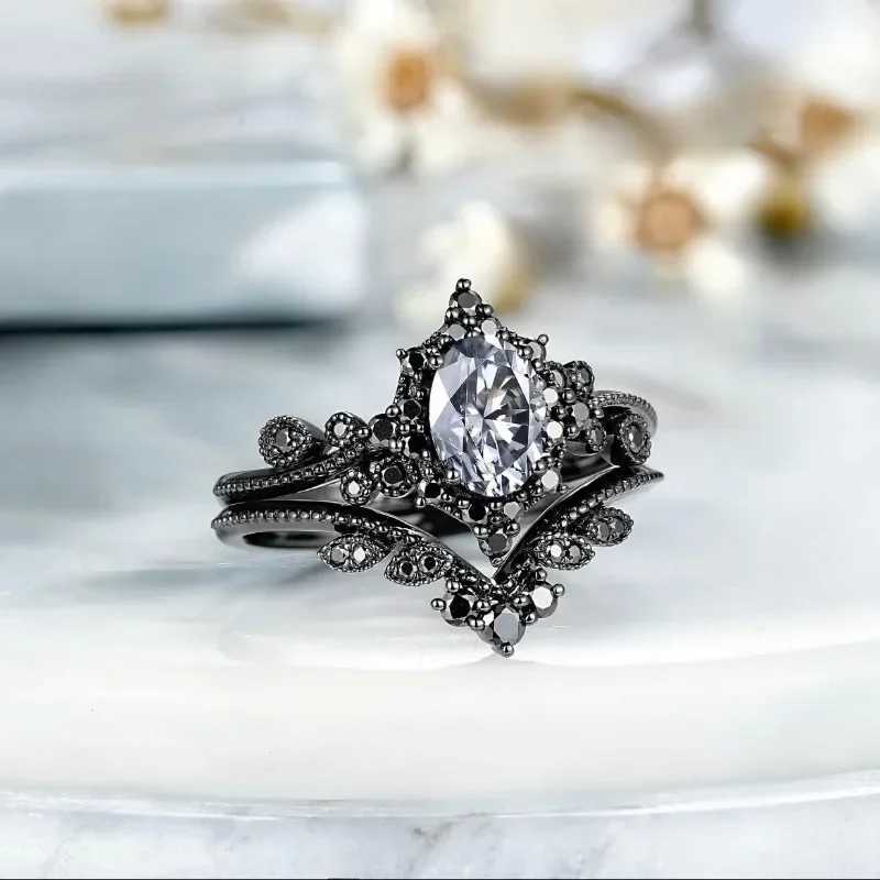New European and American style personalized fashion black galvanized zircon inlaid womens ringXJ250412
