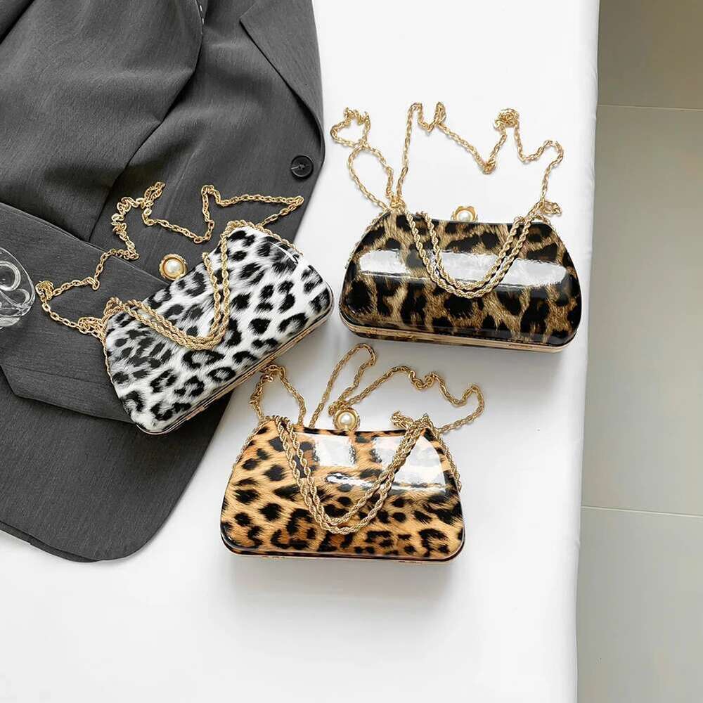 Leopard Crossbody Bag Chain Women Handbag Rhie Clutch Purse Top Handle Satchel for Wedding Party Prom