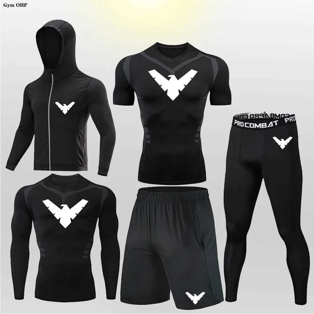 Nightwing Mens Track and Field Wear T-shirt+Pants Set Mens Long Sleeve Compression Shirt Set Fitness MMA Rashguard Sportswear W250412