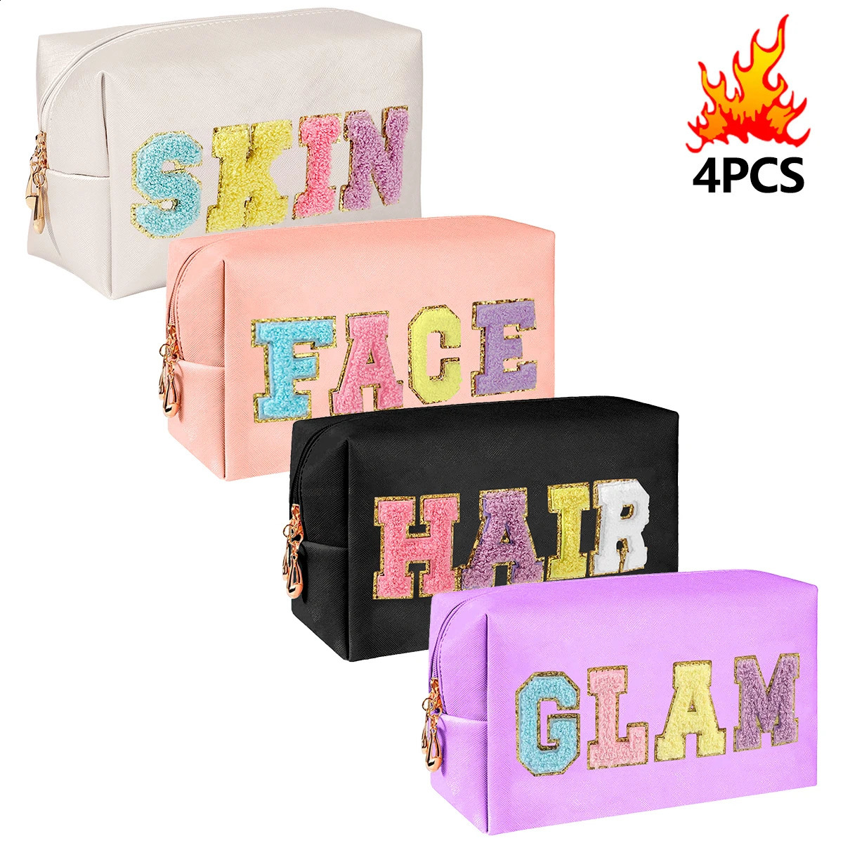 Chenille Letter Cosmetic Bag PU Leather Waterproof Pouch Cute Zipper Organizer Skin Hair Face and Glam.-zmt 250407