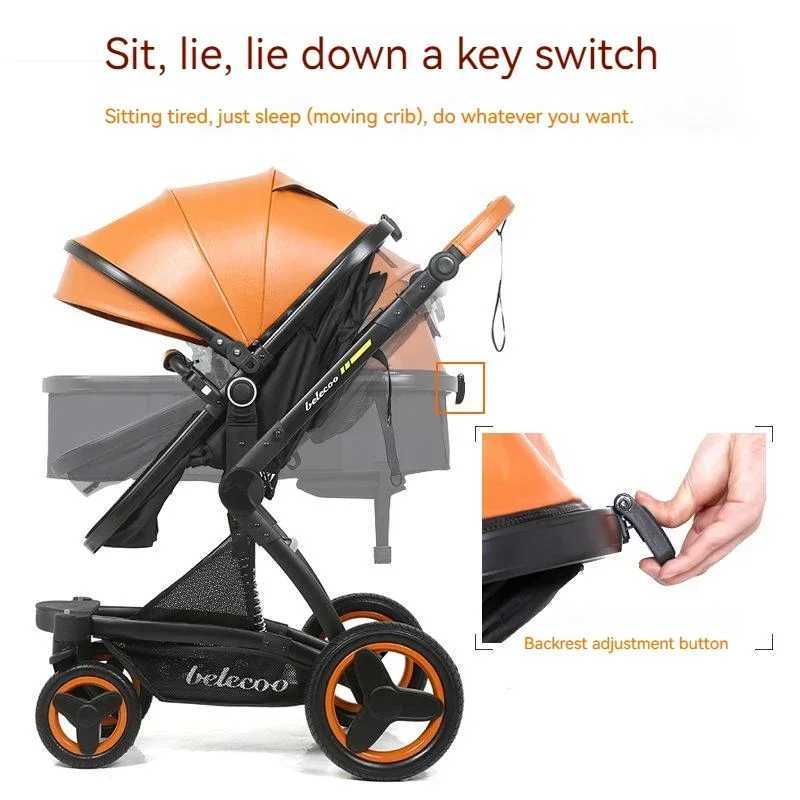 2025 New 3-in-1 Waterproof Pu Leather Luxury Baby Cart with Adjustable Car Seat Handle Mosquito Net Foot Cover W250411