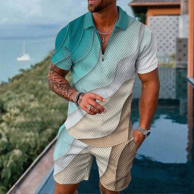 Fashion mens zipper solid color gradient print mens sportswear set summer casual zipper polo shirt and shorts 2-piece setXJ250412