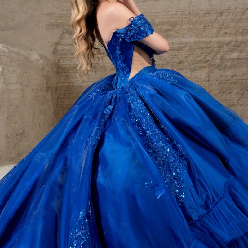Royal Blue Shiny Princess Quinceanera Dresses Off Shoulder Beads Applique Lace Tiered Tull Sweet 16 Dress Ball Gown Vestidos 15 Anos