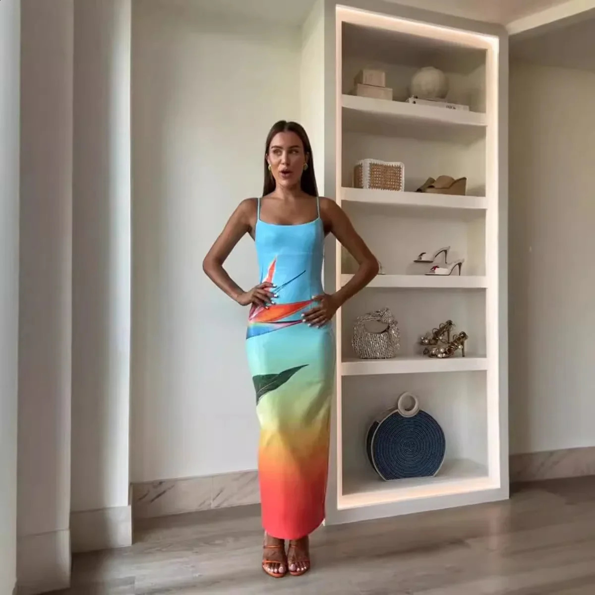 INS Casual Party Split Dress Spring/Summer Solid Color Fashion Casual Hanging Glitter Printed Dress 250408