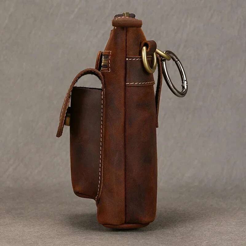 Retro Men's Hip Bum Bags Clip Buckle Waist Packs Zip Small Mini Fanny Pack Genuine Leather Cowhide Man Belt Pouch