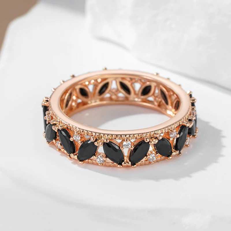 Kinels unique black crystal stone ring for women 585 rose gold full-color natural zircon Accord luxurious and fashionable daily jewelryXJ250412