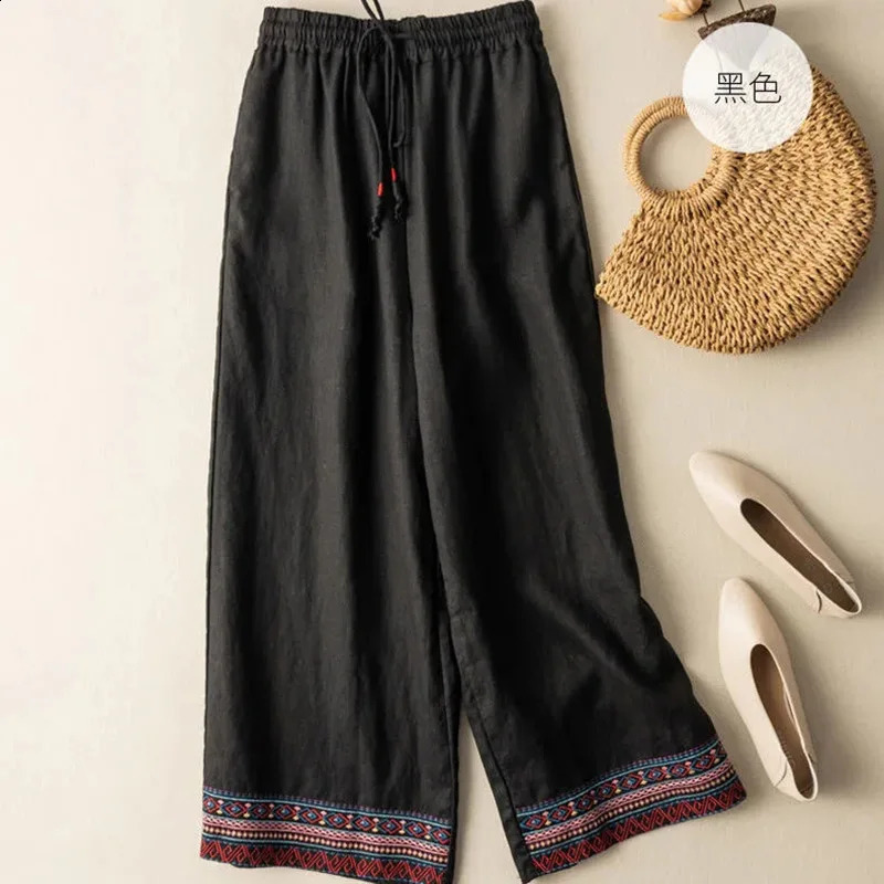 Embroidery Solid Casual Elastic High Waist Cotton Linen Womens Pants Korean Fashion Wide Leg Full-Length Pants For Women 250411