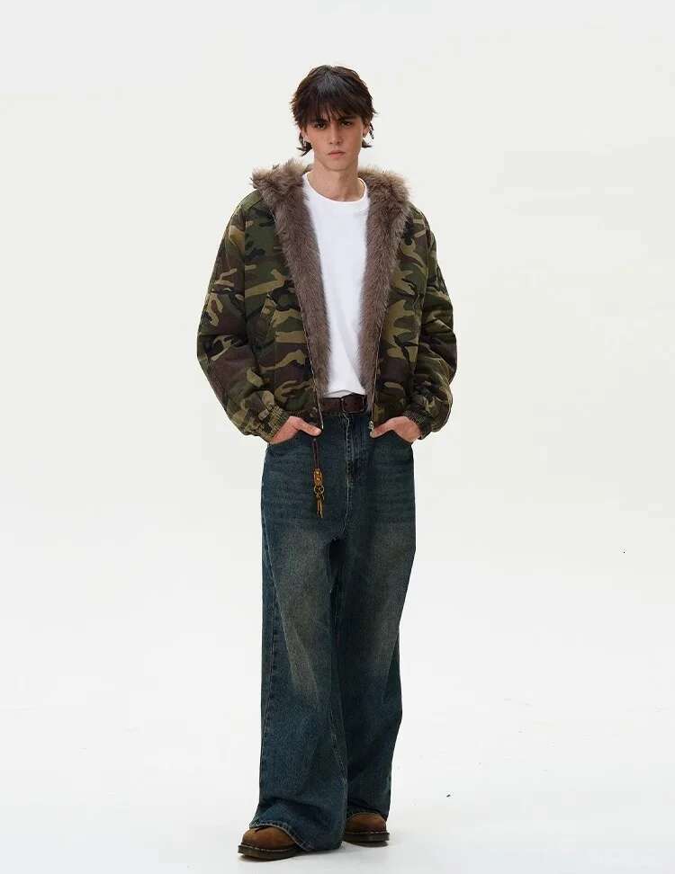 American Retro Old Camouflage Parkas Loose Thickened Warm Fur Collar Hooded Jacket