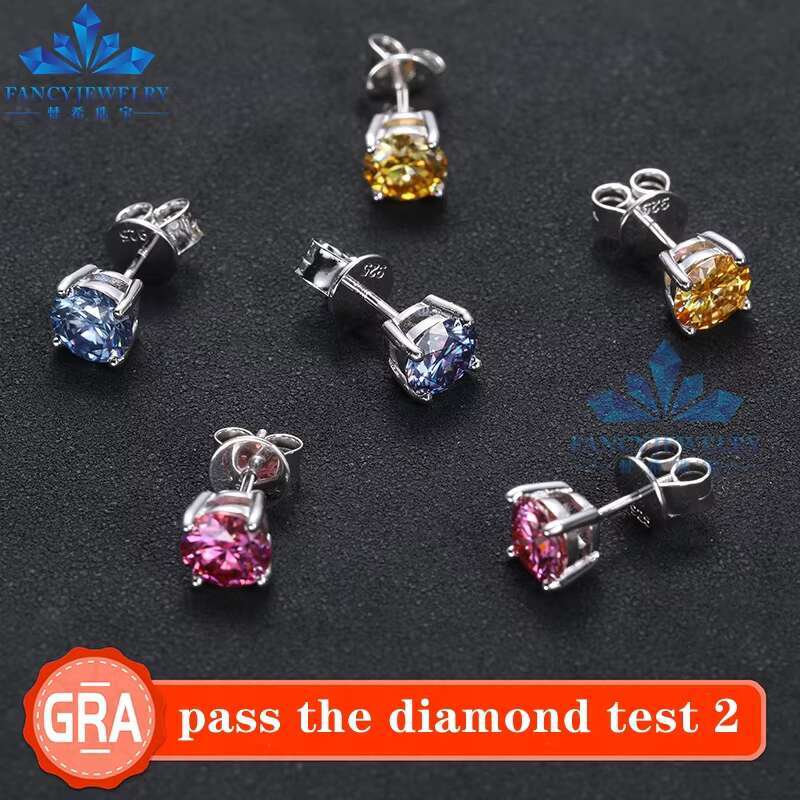 Trendy Simple Classic Fancy Sterling Silver 6mm 0.8carat champagne pink Blue Color Vvs Real Moissanite Stud Earrings