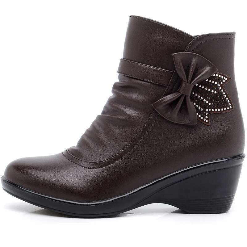 2025 New Bow Leather Boots Microfiber Women's Ankle Black Designer Fashion Zipper Warm Winter Shoes