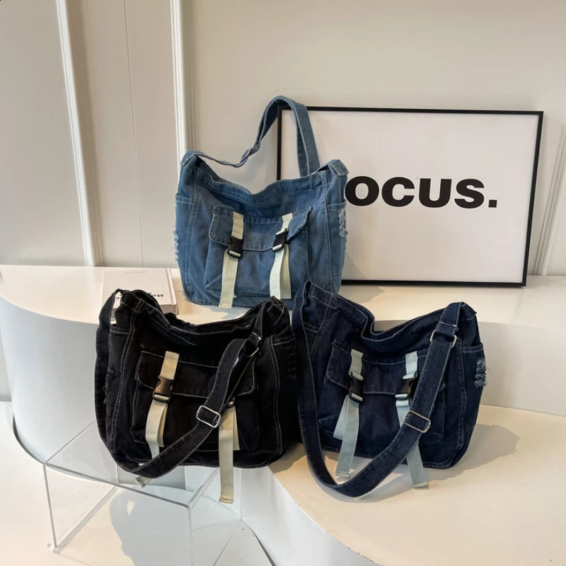 Large capacity denim messenger bag womens cross body bag student shoulder handbag 250411