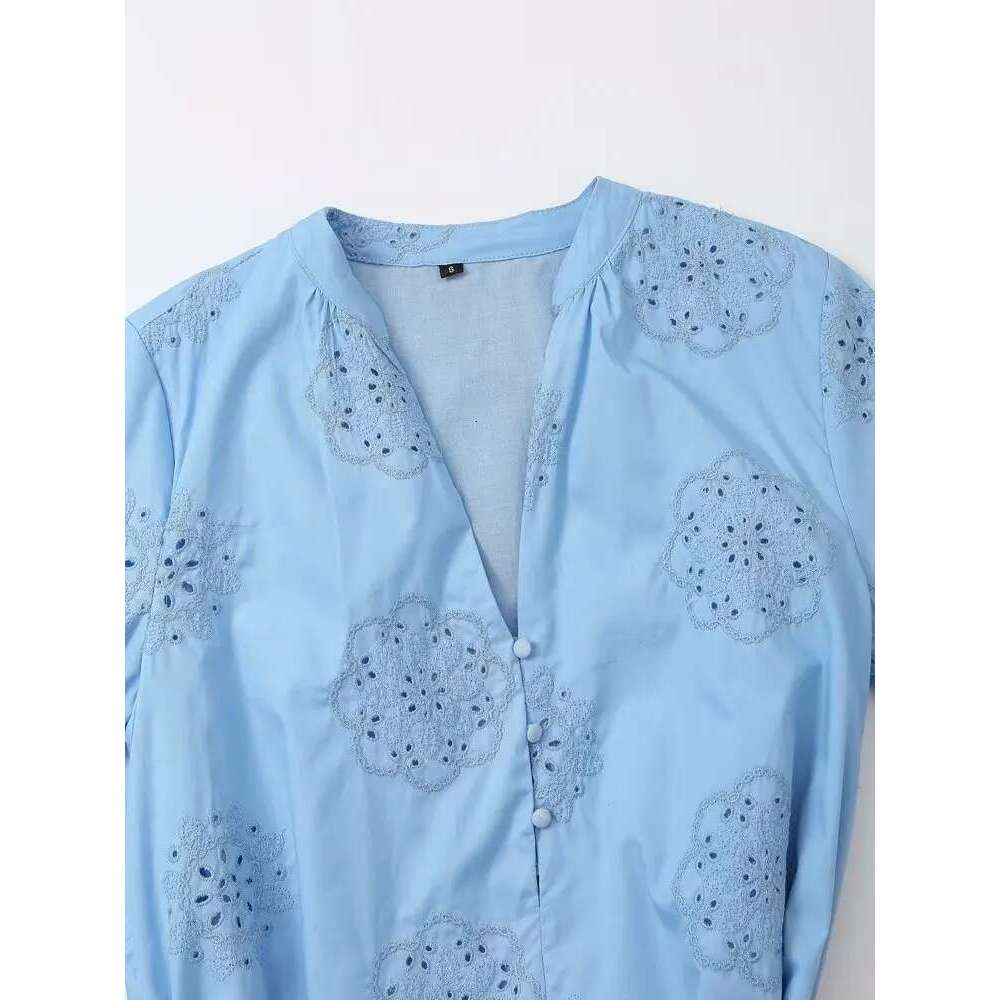 European And American Style Spring New Hollow Embroidery With Belt Long Sleeve Dress
