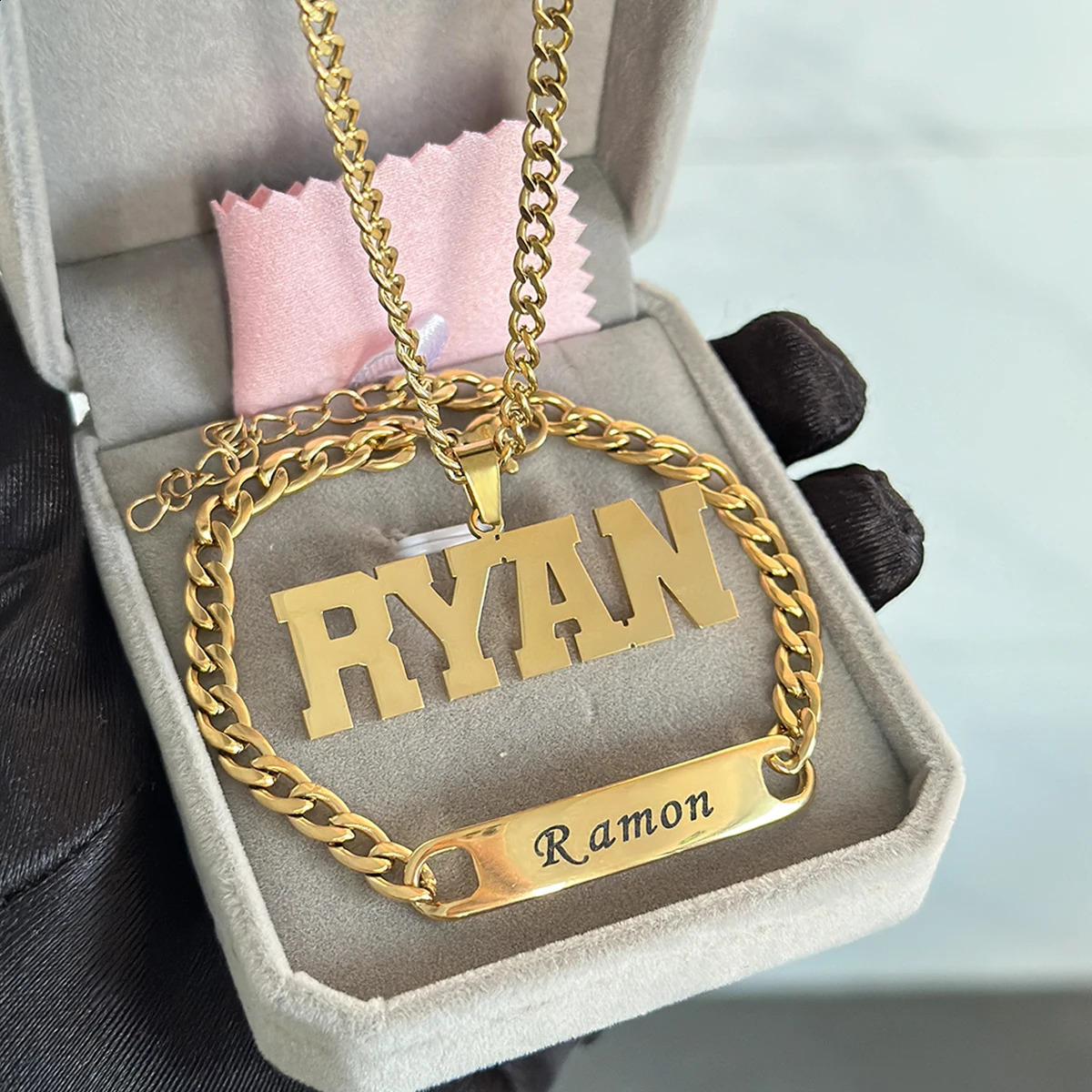 Original stainless steel name set jewelry customization 18k thick Cuban pendant necklace carved bracelet childrens 250410