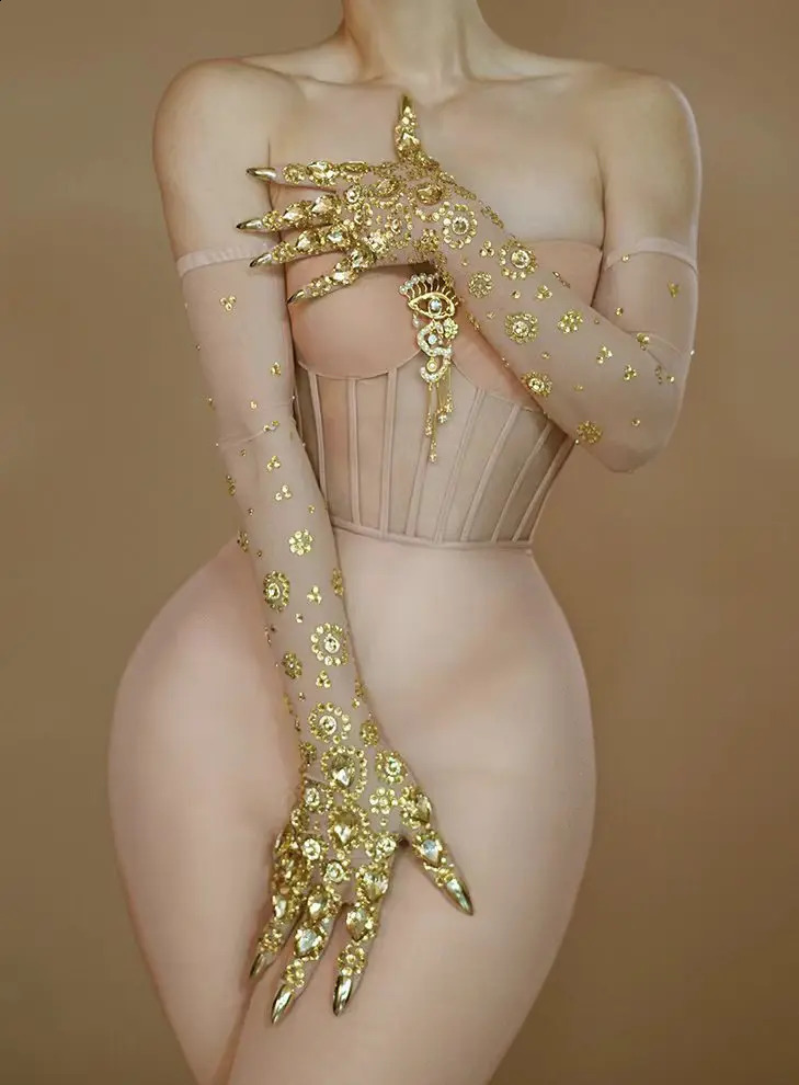 Shining Gold Rhinestone Gloves Women Fashion Mesh Birthday Celebration Party Long Gloves Dancer Stage Accessories Jinshouzhi 250408