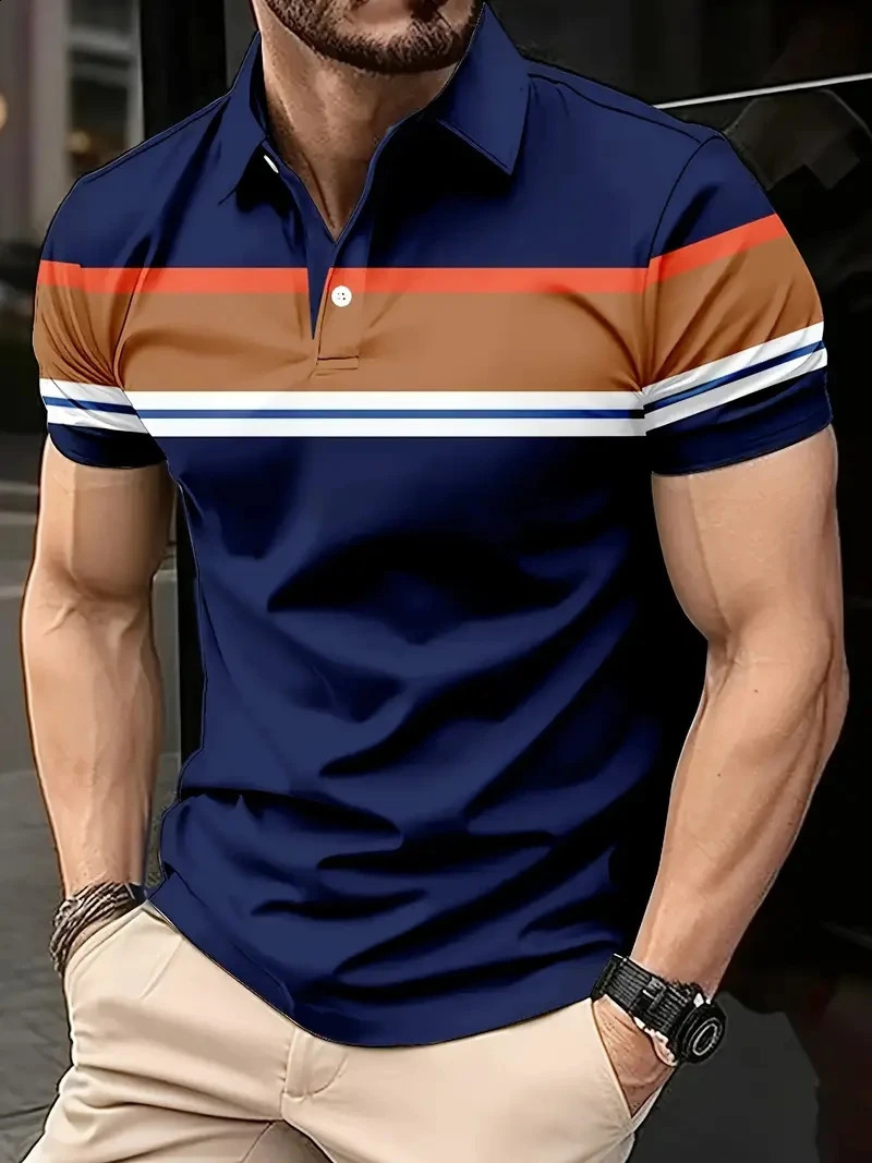 Mens casual striped printed golf shirt - breathable polyester fiber short sleeved buckle details perfect choice for spring and spring 250411