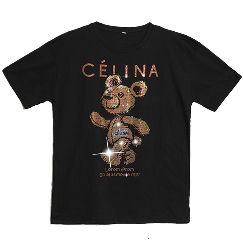 Designer Women's Hot Diamond T-shirt Summer Bear Pattern Black Women's Short Sleeve Combed Cotton Loose Medium To Long Version Instagram Fas