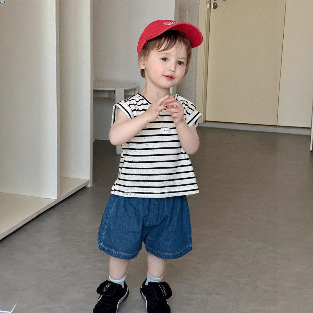 Ddmyshoesvip Boys Striped T Shirt Denim Shorts Set Thin Korean Version Baby Clothing Children S Summer Style