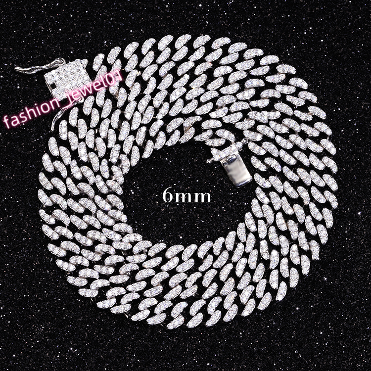 Hip Hop Chain 6mm 10mm 1 Row Diamond S925 Silver Bling Bracelet Pass Diamond Tester Moissanite Necklace Cuban Link Chain