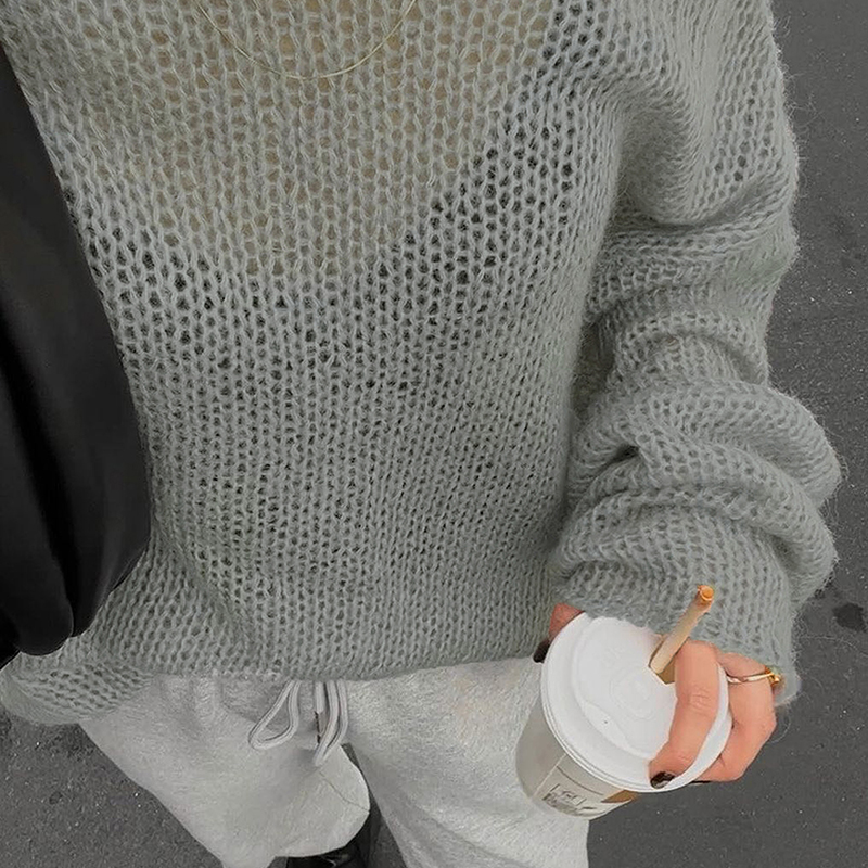 Fall women clothes Women's solid color hollowed out semi-sheer casual sweater round neck and long sleeve four seasons comfortable street loose to